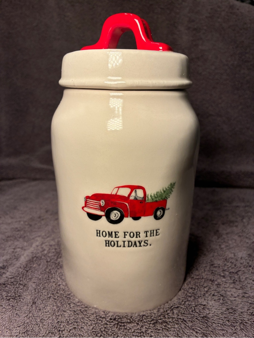 Rae Dunn by Magenta Red Truck With Tree Canister Christmas Cookie Jar